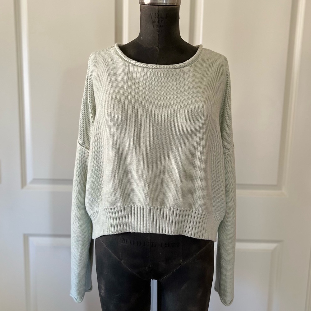 Club Monaco Pale Mint Cotton Cropped Knit Sweater L